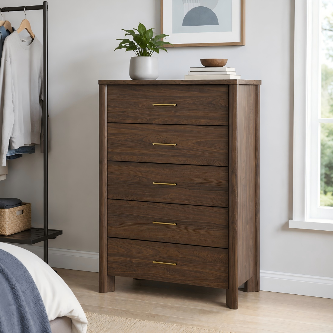 mid century modern 5 drawer dresser Mid-Century Walnut 5-Drawer Chest with Felt-Lined Top & Gold Hardware This dresser features beautiful Lilac Midi Dress | Chest:XSMALL blue pleated dress