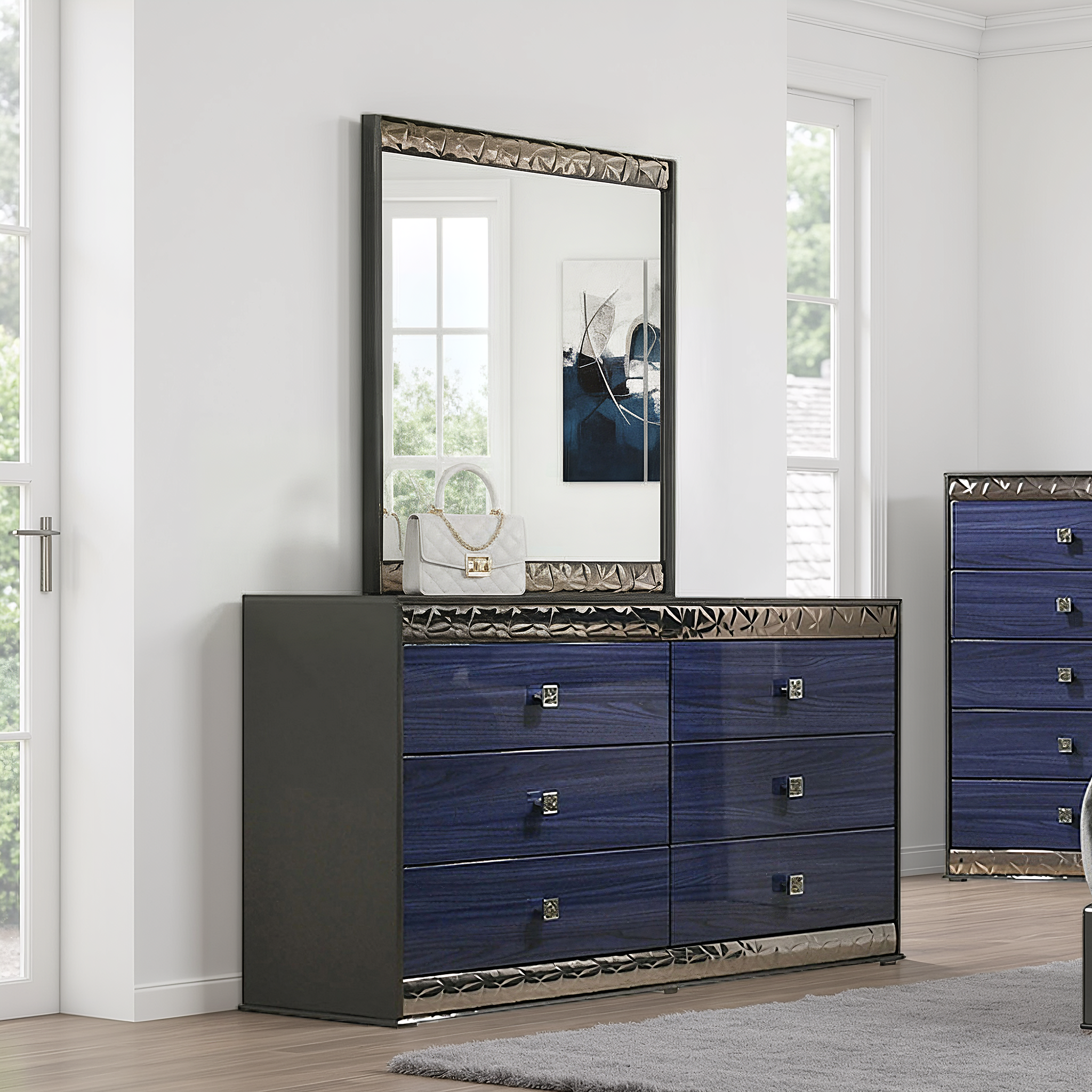 blue and silver dresser Large Chest of Drawers Painted Blue Moroccan Silver Dragonfly Knobs Handles