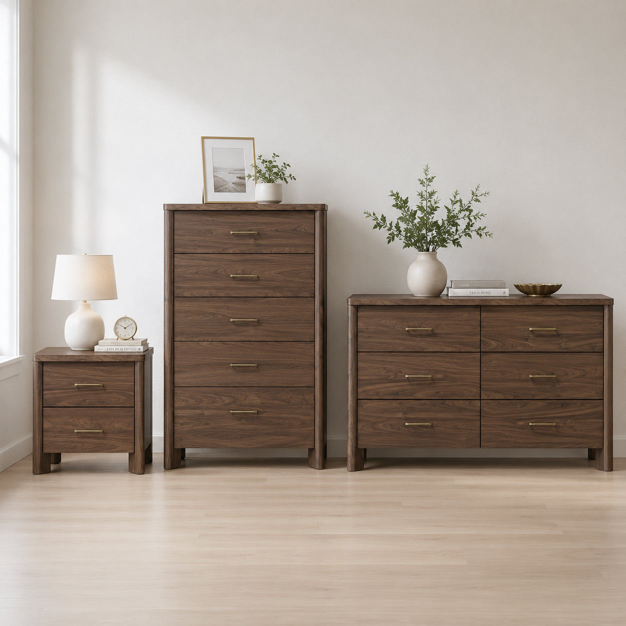 mid century modern dresser and nightstand Solid Wood Two-Drawer Brushed Walnut tapered legs Mid-Century 9-Drawer Dresser (70")