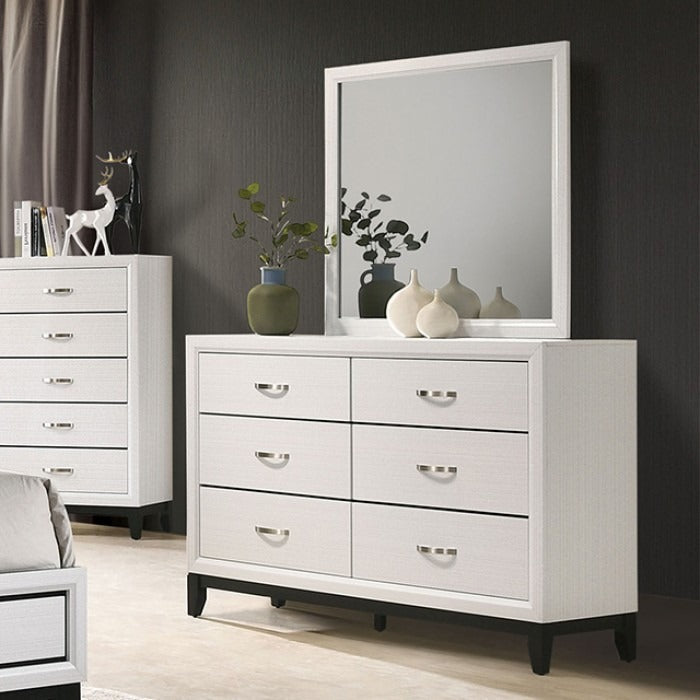 Contemporary Two-Tone Dresser – Engineered Wood, Panel Drawer Fronts and Wooden Legs, Dresser with Mirror / White