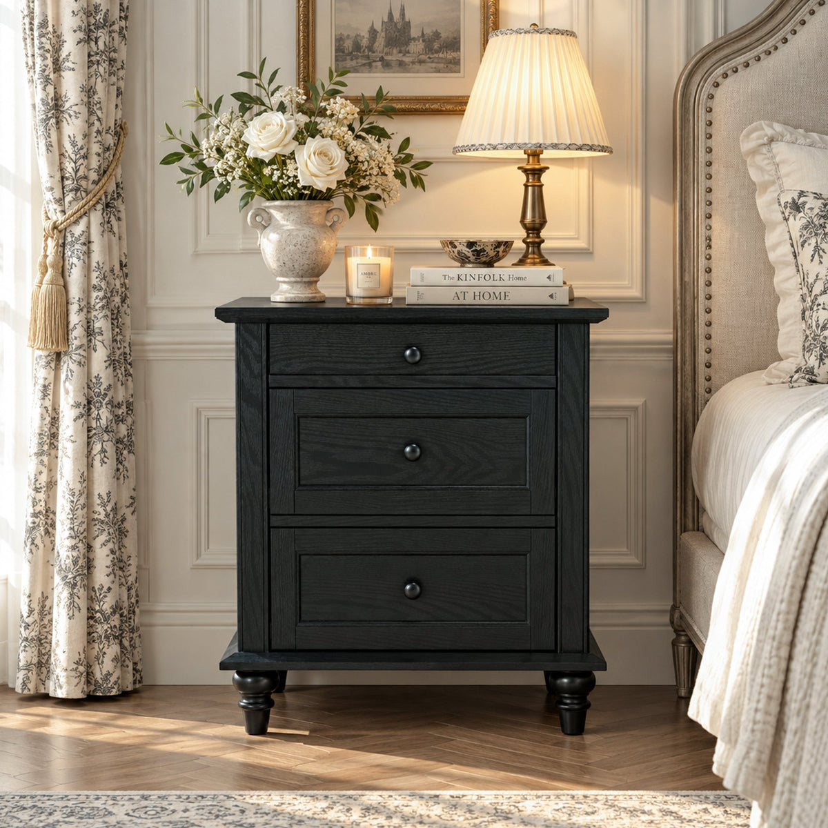 Traditional 3-Drawer Nightstand with Solid Wood Legs, Quick Assembly