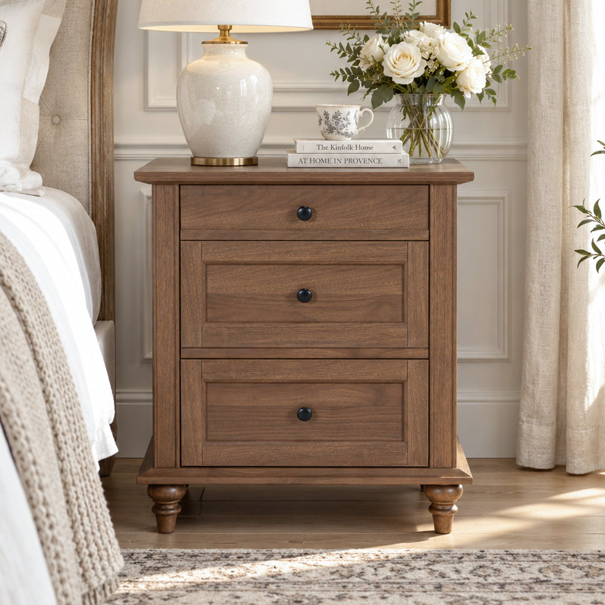 Traditional 3-Drawer Nightstand with Solid Wood Legs, Quick Assembly