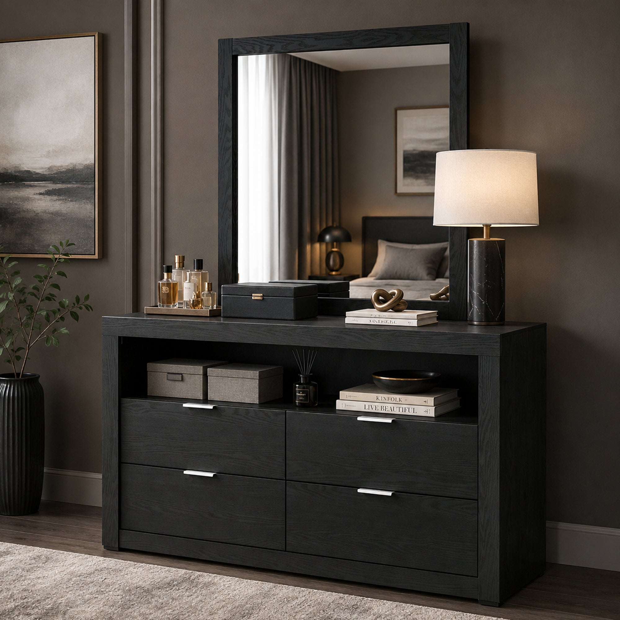 Contemporary Walnut Dresser with Optional Mirror, Finger Pull Drawers & Solid Wood Construction