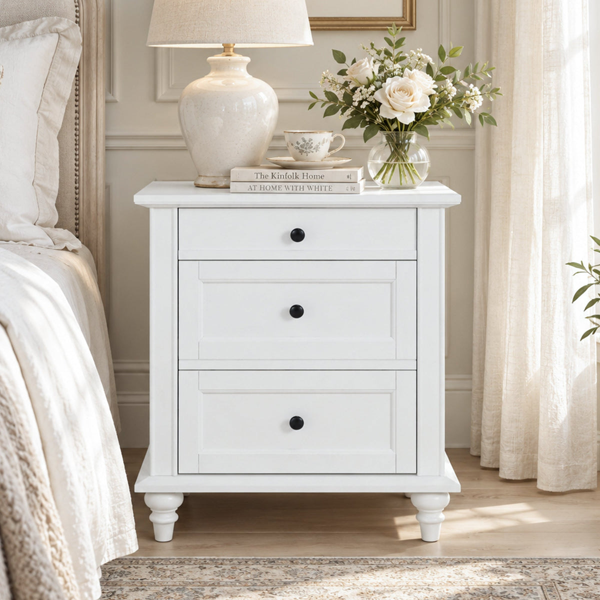 Traditional 3-Drawer Nightstand with Solid Wood Legs, Quick Assembly