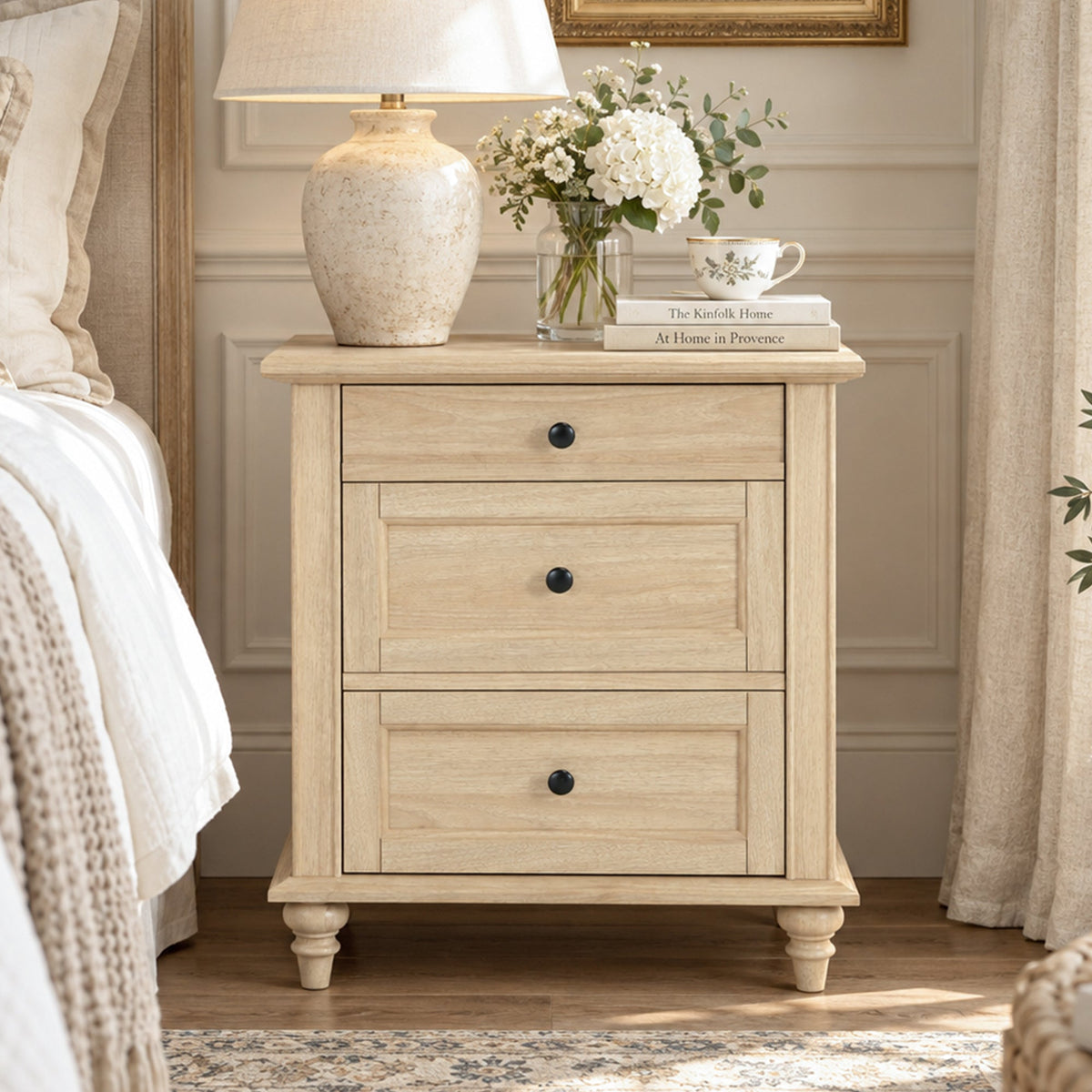 Traditional 3-Drawer Nightstand with Solid Wood Legs, Quick Assembly