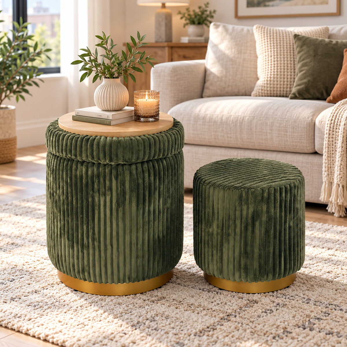 Nestable 2-Piece Storage Stool Set with 360° Swivel Base & Reversible Lid