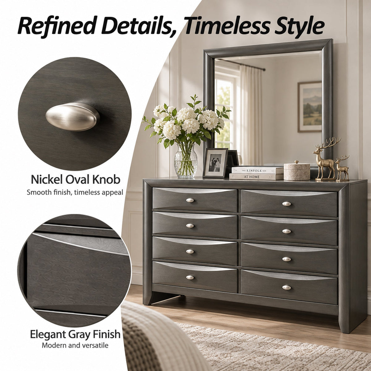 Transitional 8-Drawer Dresser with Solid Wood Construction – Optional Mirror