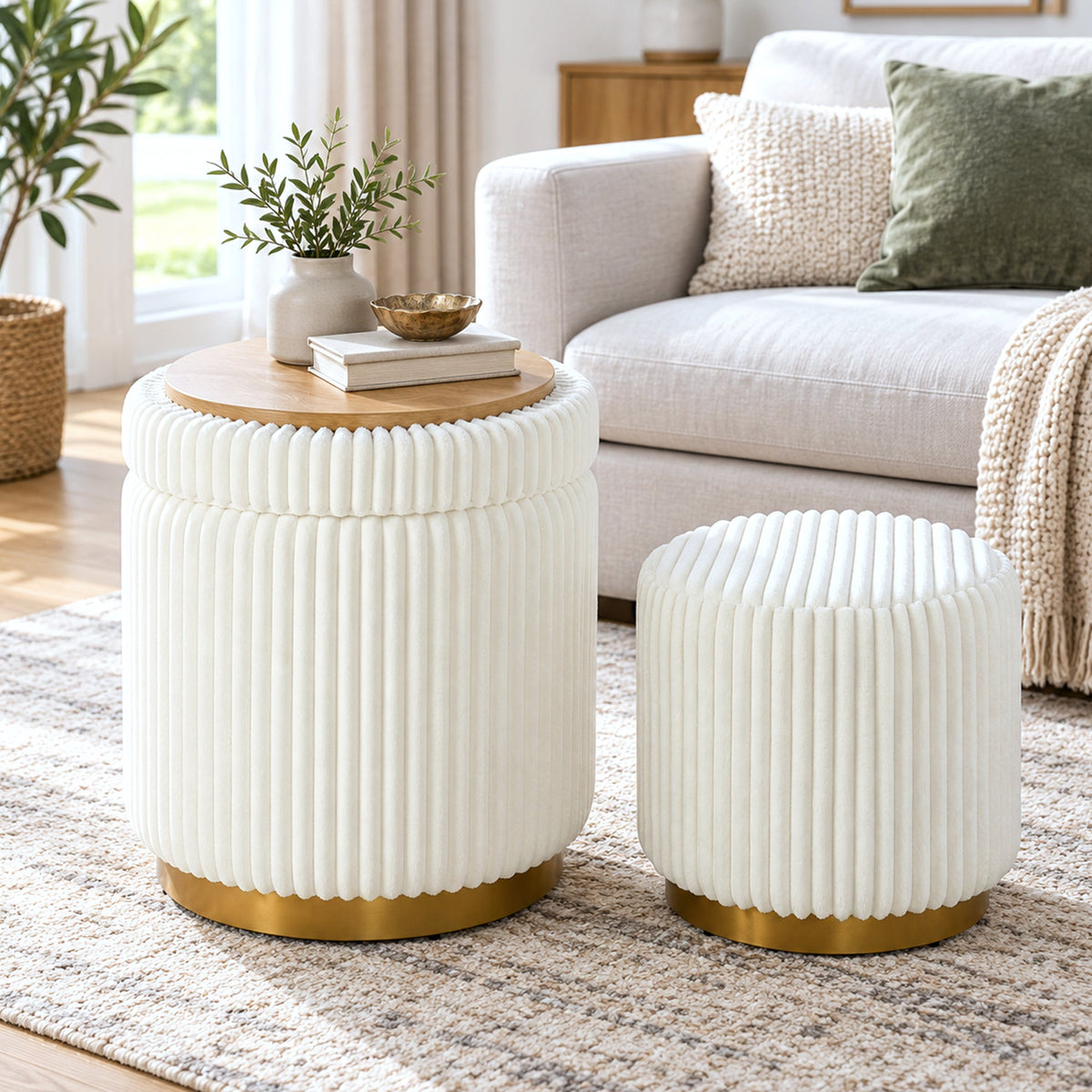Nestable 2-Piece Storage Stool Set with 360° Swivel Base & Reversible Lid