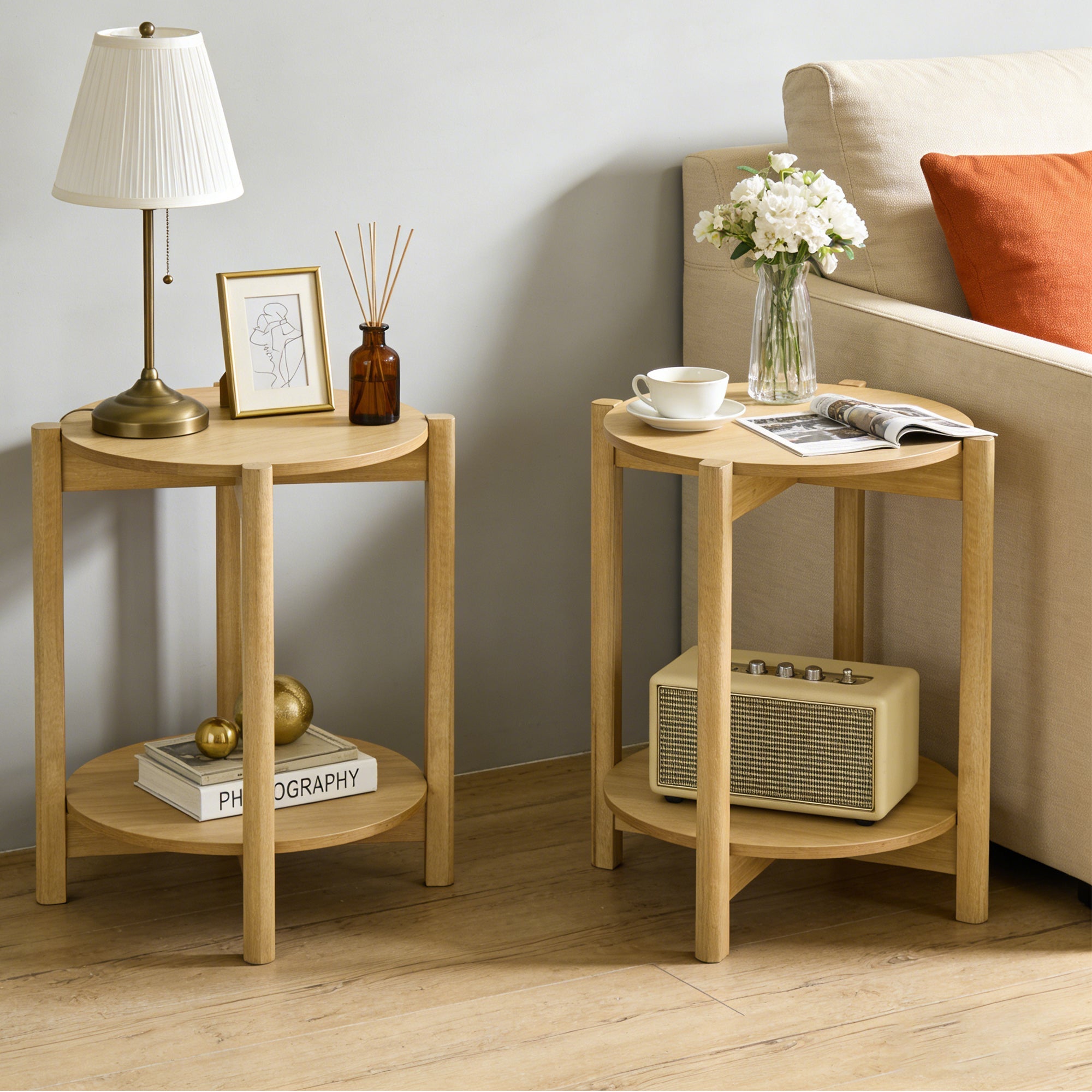 Round End Table with Open Shelf & Metal Legs – Transitional Wood Look Side Table for Living Room & Small Spaces