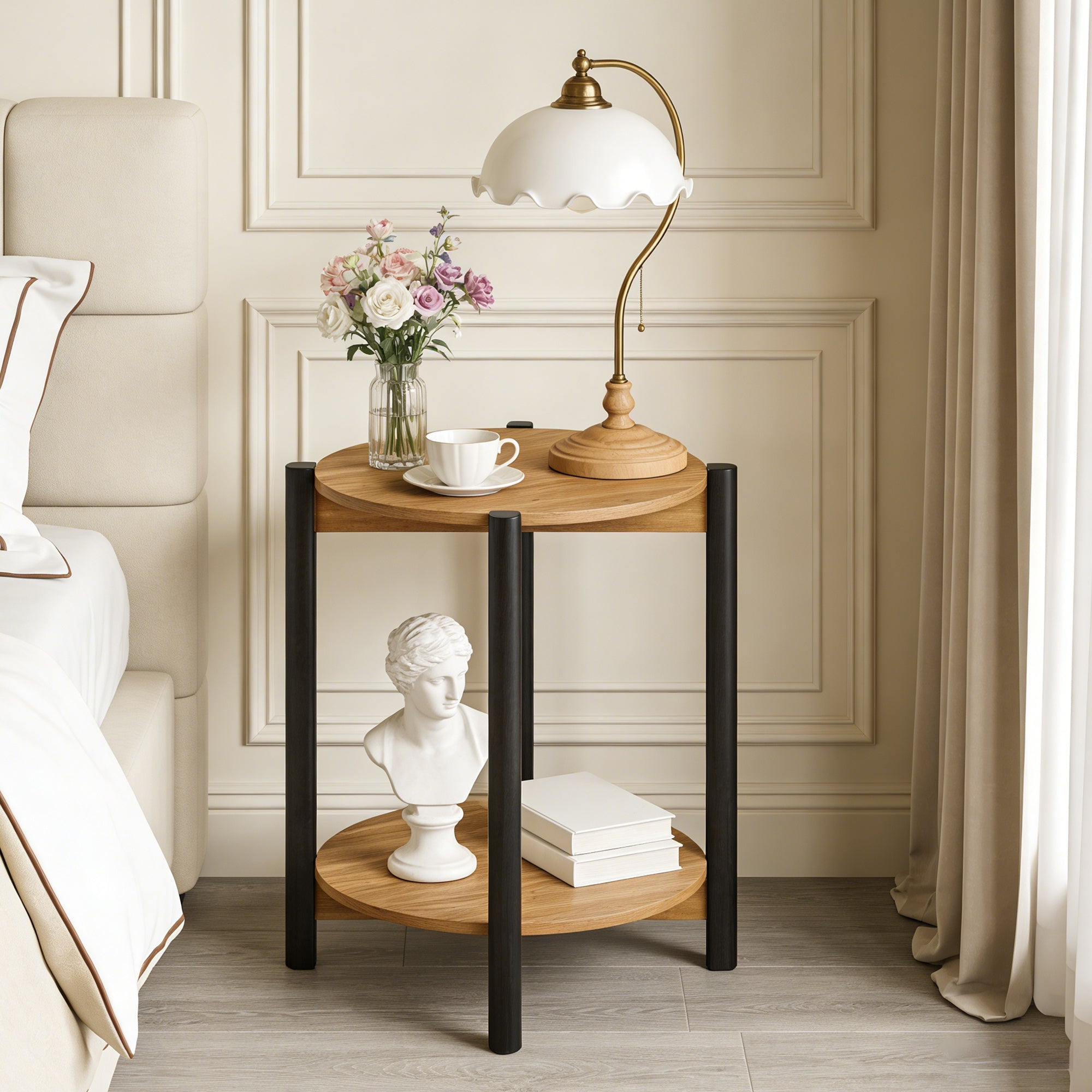 Round End Table with Open Shelf & Metal Legs – Transitional Wood Look Side Table for Living Room & Small Spaces