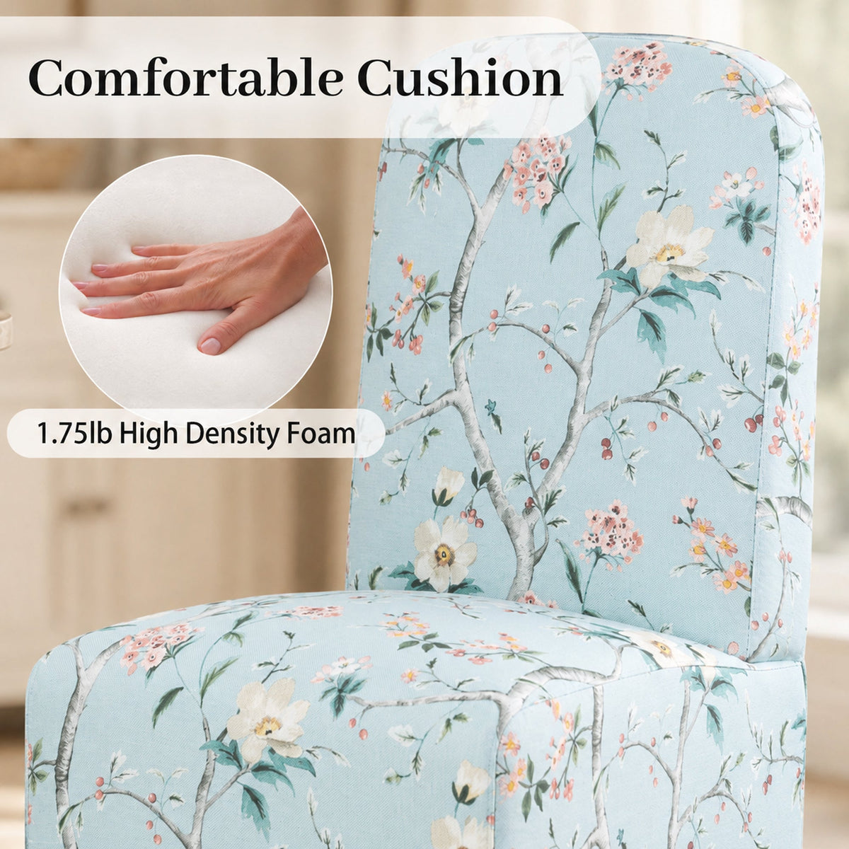 French Farmhouse Upholstered Dining Chair with Rounded Back, Caster Legs & Skirted Design