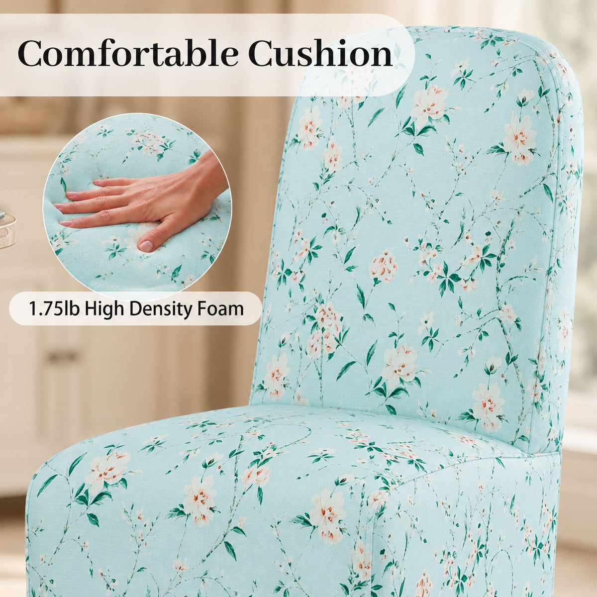 French Farmhouse Upholstered Dining Chair with Rounded Back, Caster Legs & Skirted Design