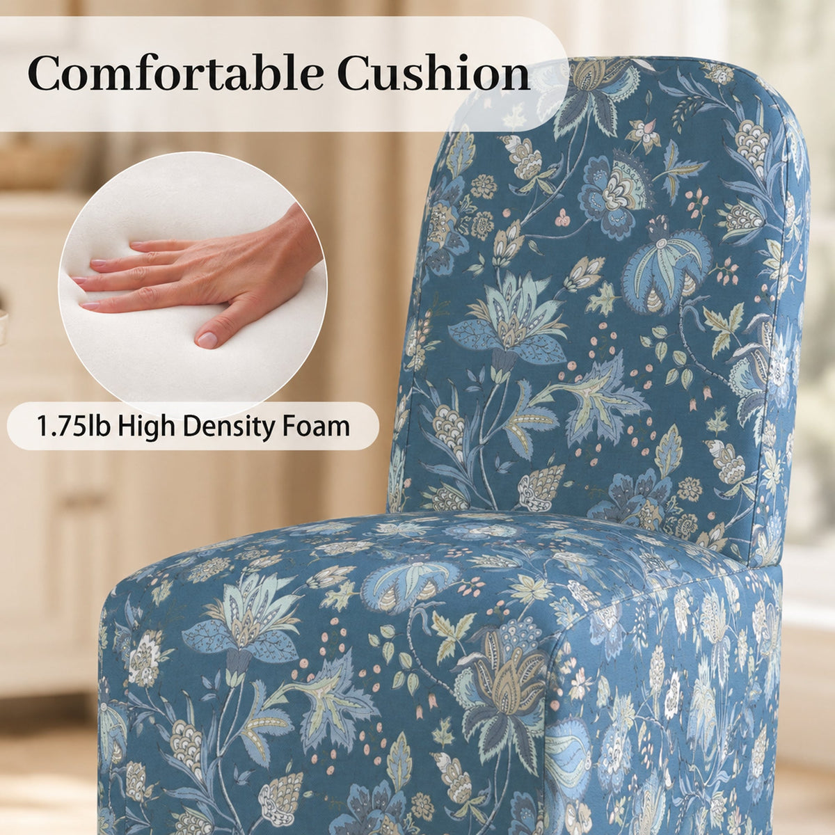 French Farmhouse Upholstered Dining Chair with Rounded Back, Caster Legs & Skirted Design