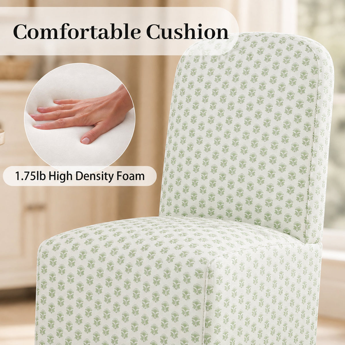 French Farmhouse Upholstered Dining Chair with Rounded Back, Caster Legs & Skirted Design