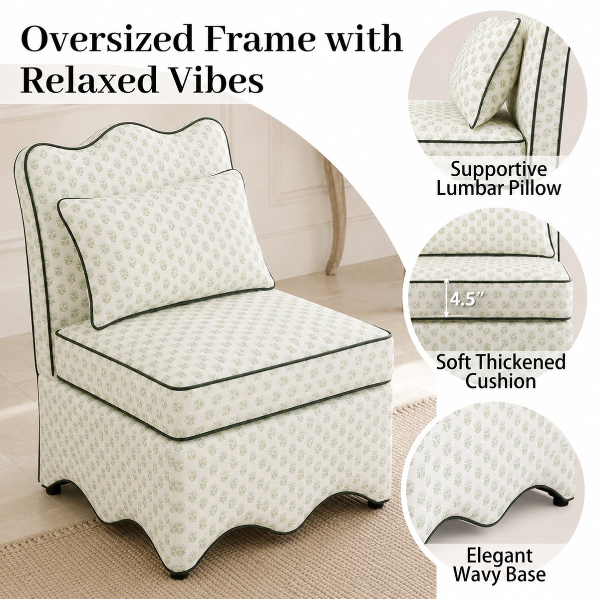 French Farmhouse Accent Chair with Scalloped Back & Upholstered Seat