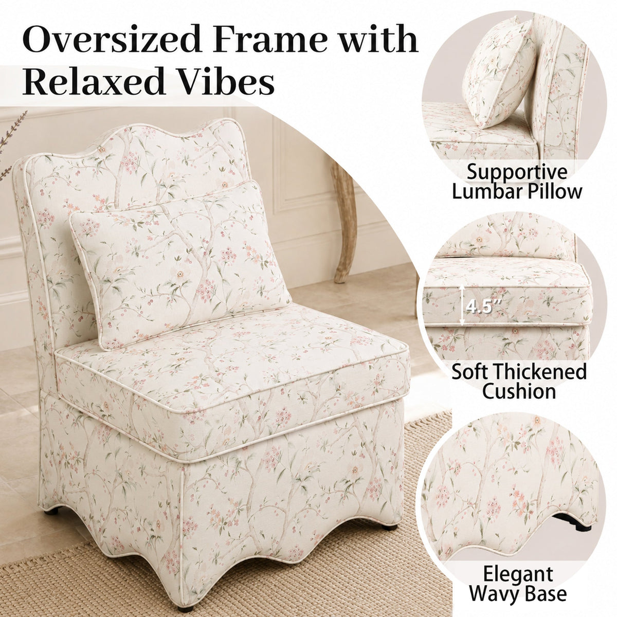 French Farmhouse Accent Chair with Scalloped Back & Upholstered Seat
