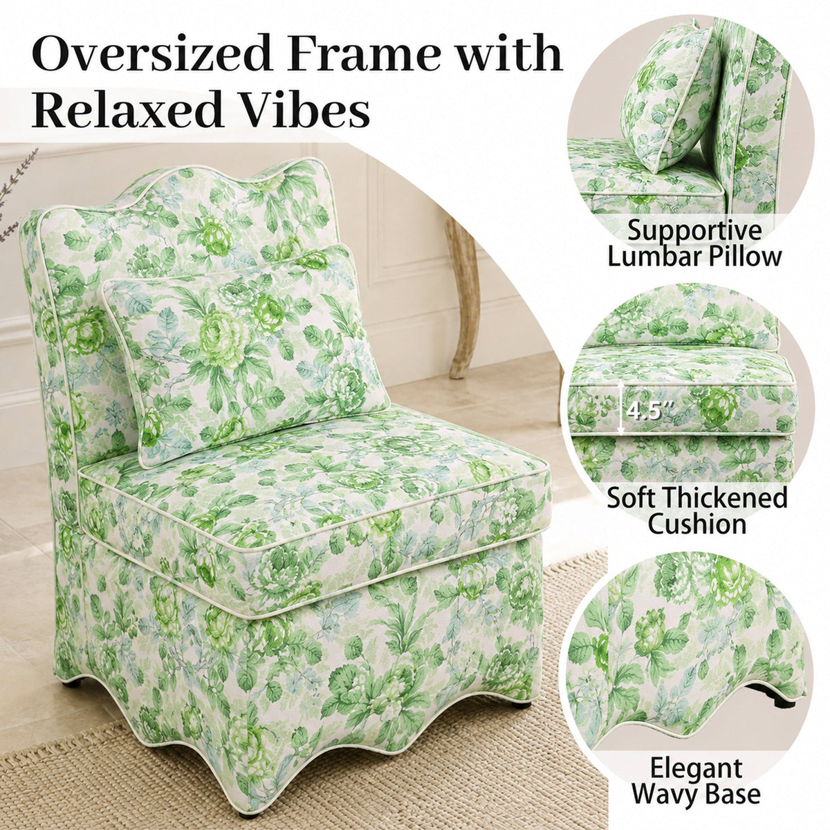 French Farmhouse Accent Chair with Scalloped Back & Upholstered Seat