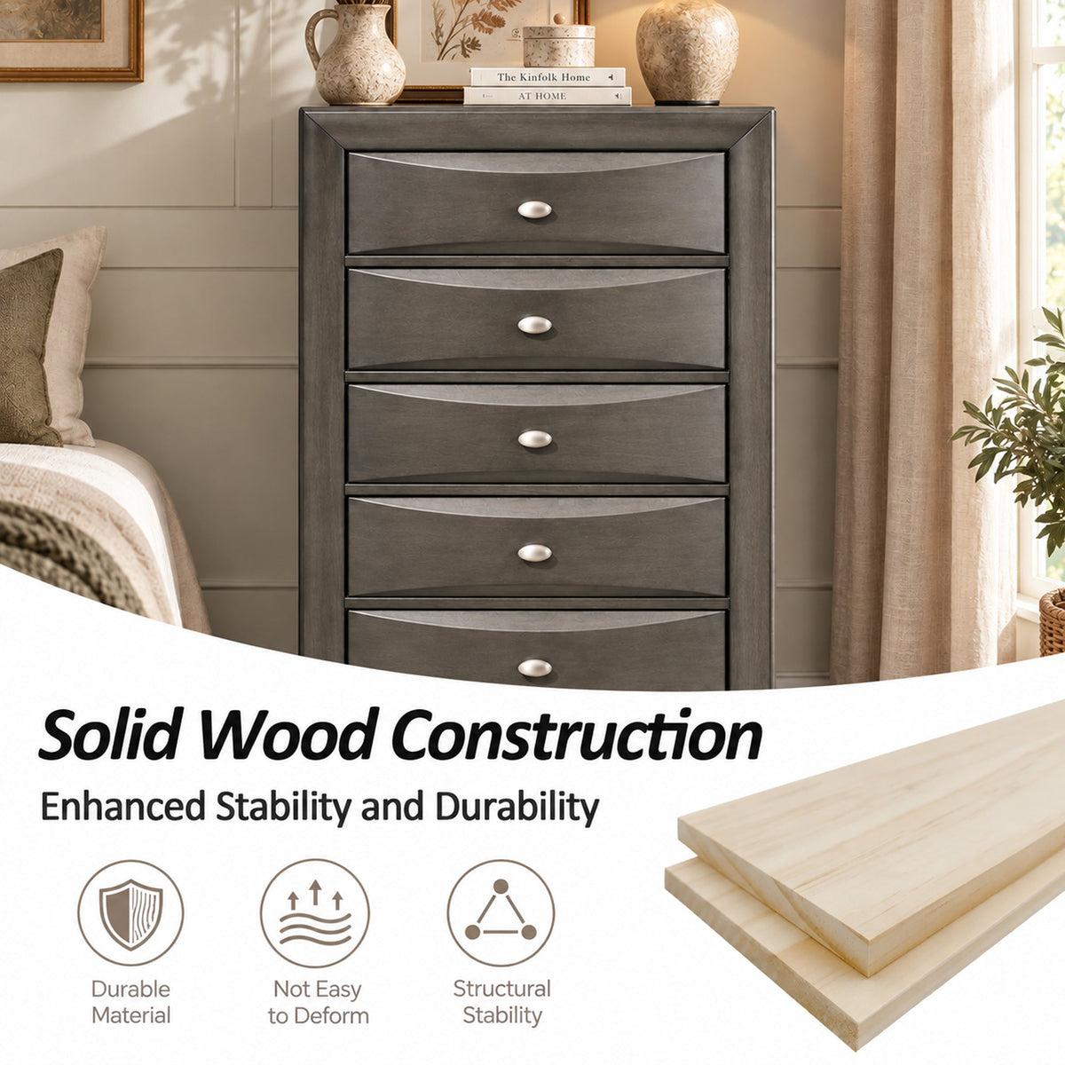 Transitional 5-Drawer Chest with Solid Wood Construction – No Assembly Required