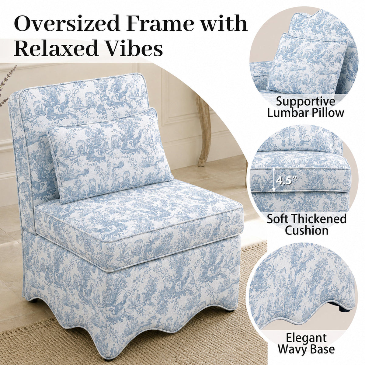 French Farmhouse Accent Chair with Scalloped Back & Upholstered Seat