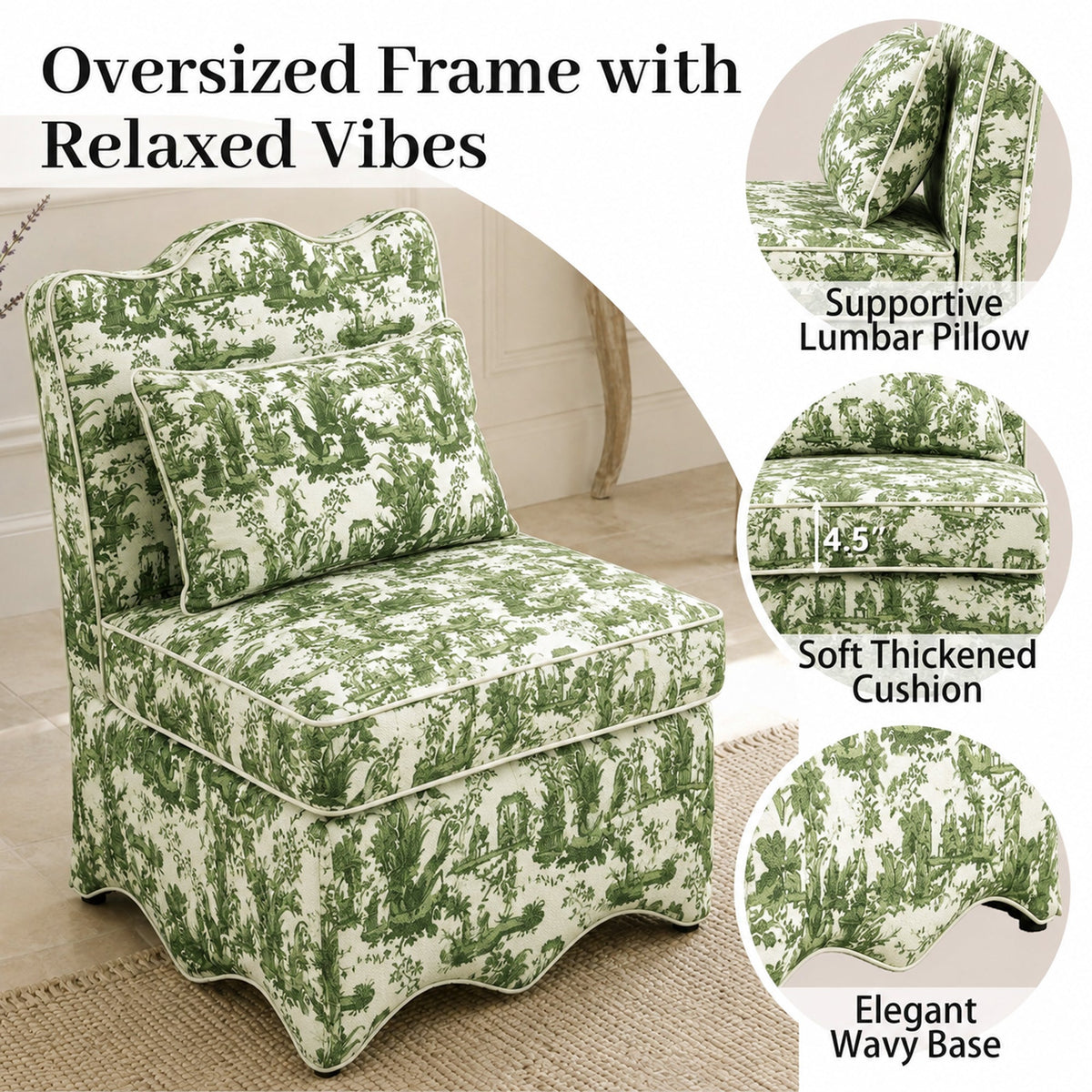 French Farmhouse Accent Chair with Scalloped Back & Upholstered Seat