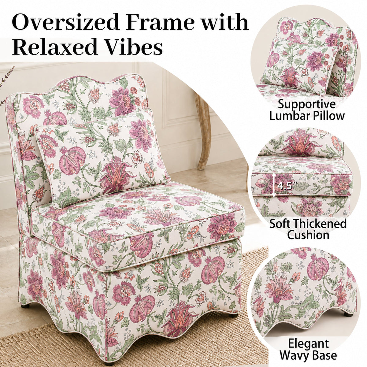 French Farmhouse Accent Chair with Scalloped Back & Upholstered Seat