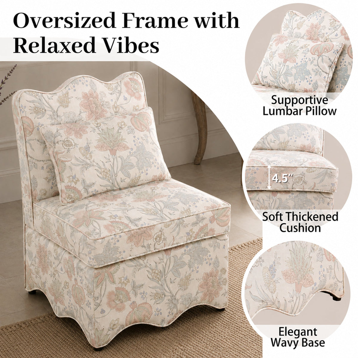 French Farmhouse Accent Chair with Scalloped Back & Upholstered Seat