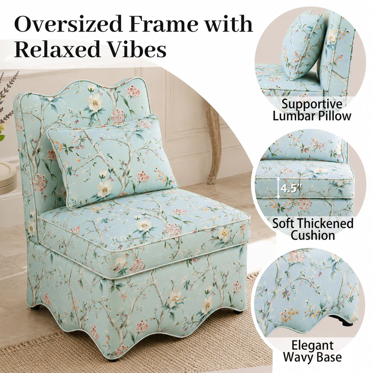 French Farmhouse Accent Chair with Scalloped Back & Upholstered Seat