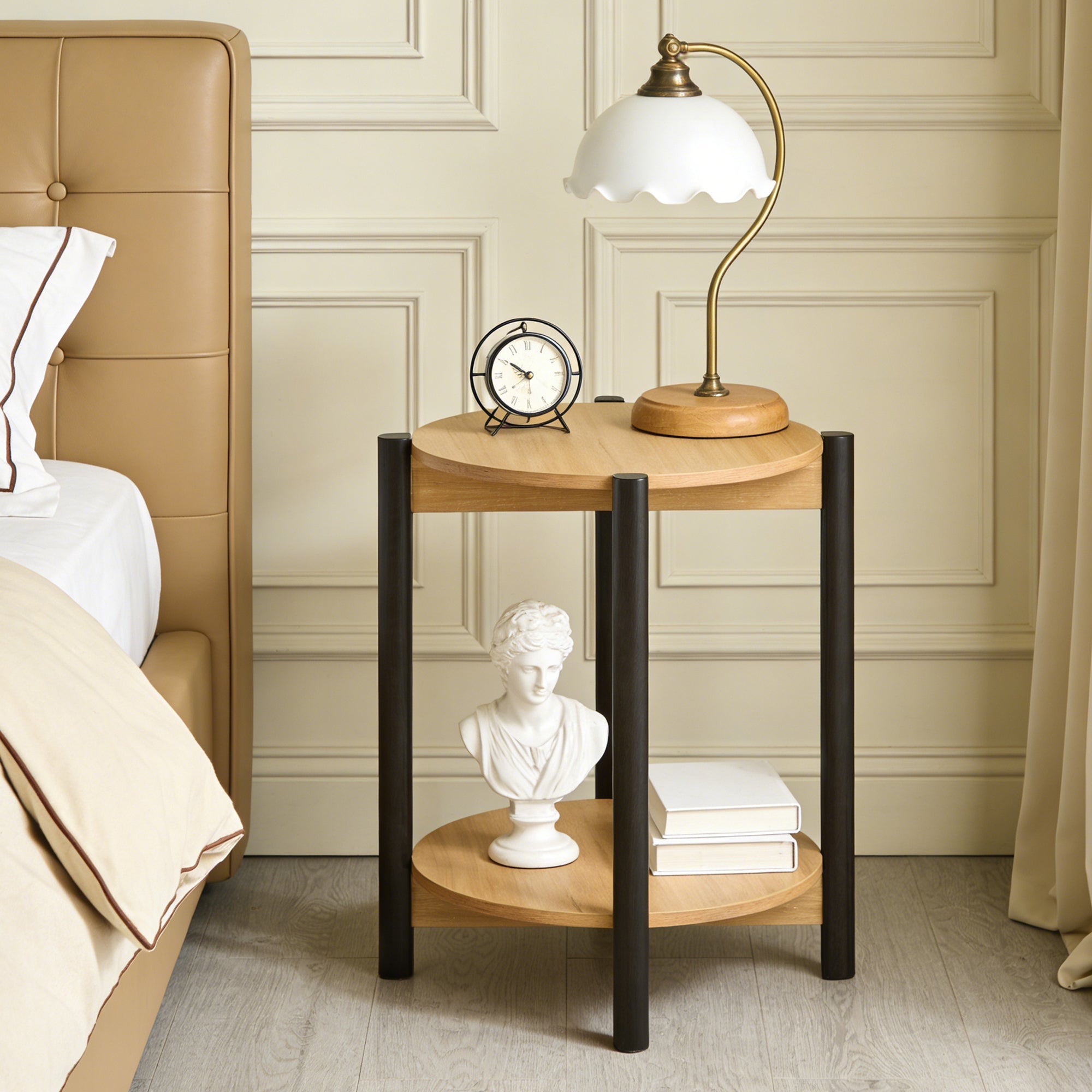 Round End Table with Open Shelf & Metal Legs – Transitional Wood Look Side Table for Living Room & Small Spaces