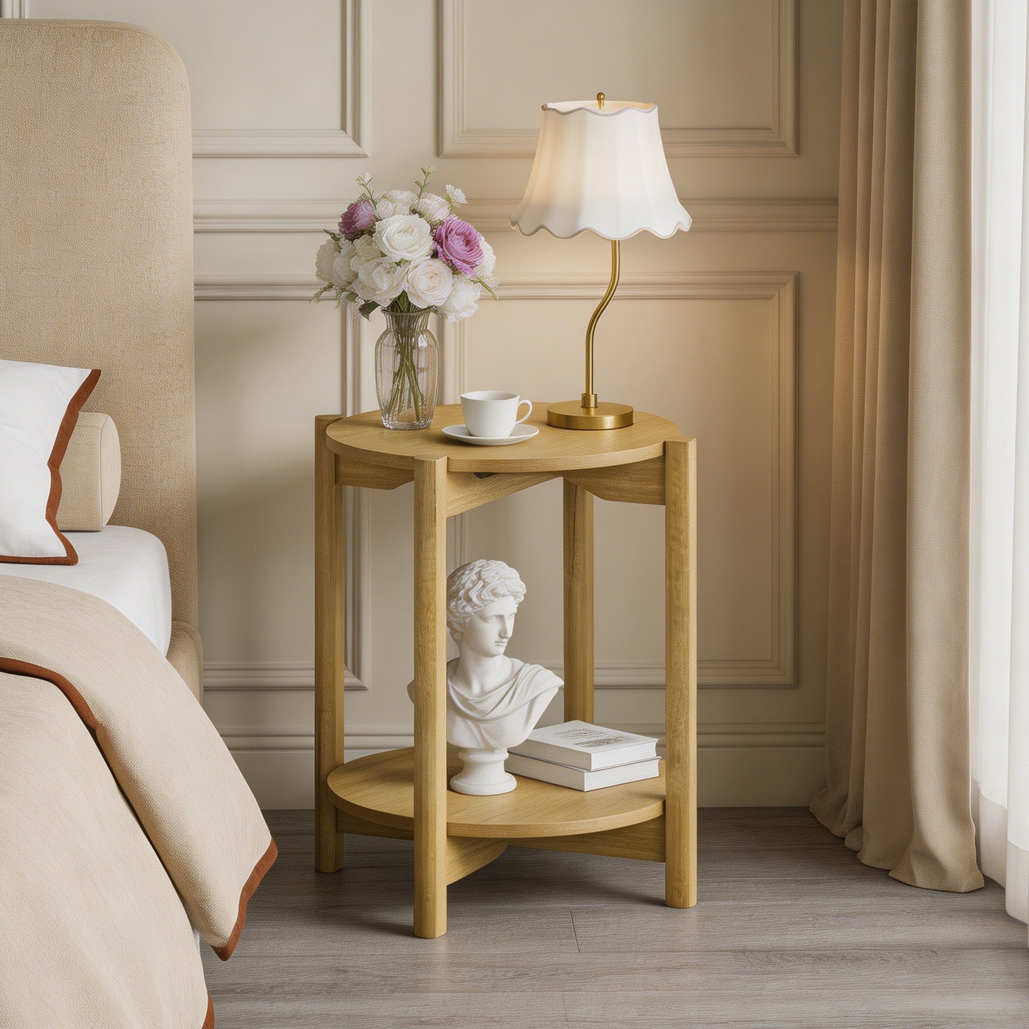 Round End Table with Open Shelf & Metal Legs – Transitional Wood Look Side Table for Living Room & Small Spaces
