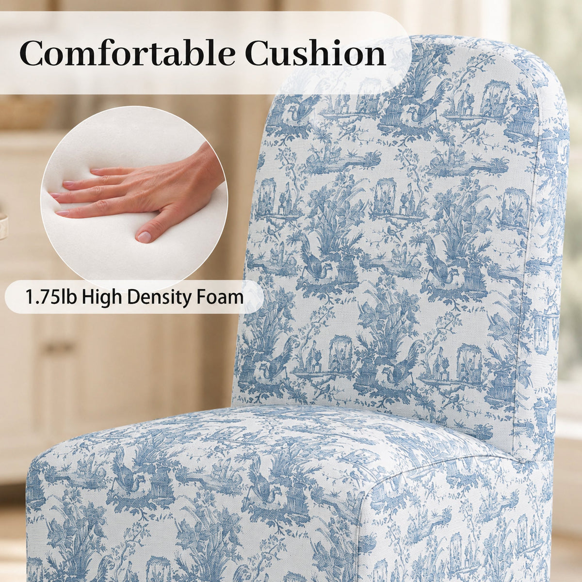 French Farmhouse Upholstered Dining Chair with Rounded Back, Caster Legs & Skirted Design