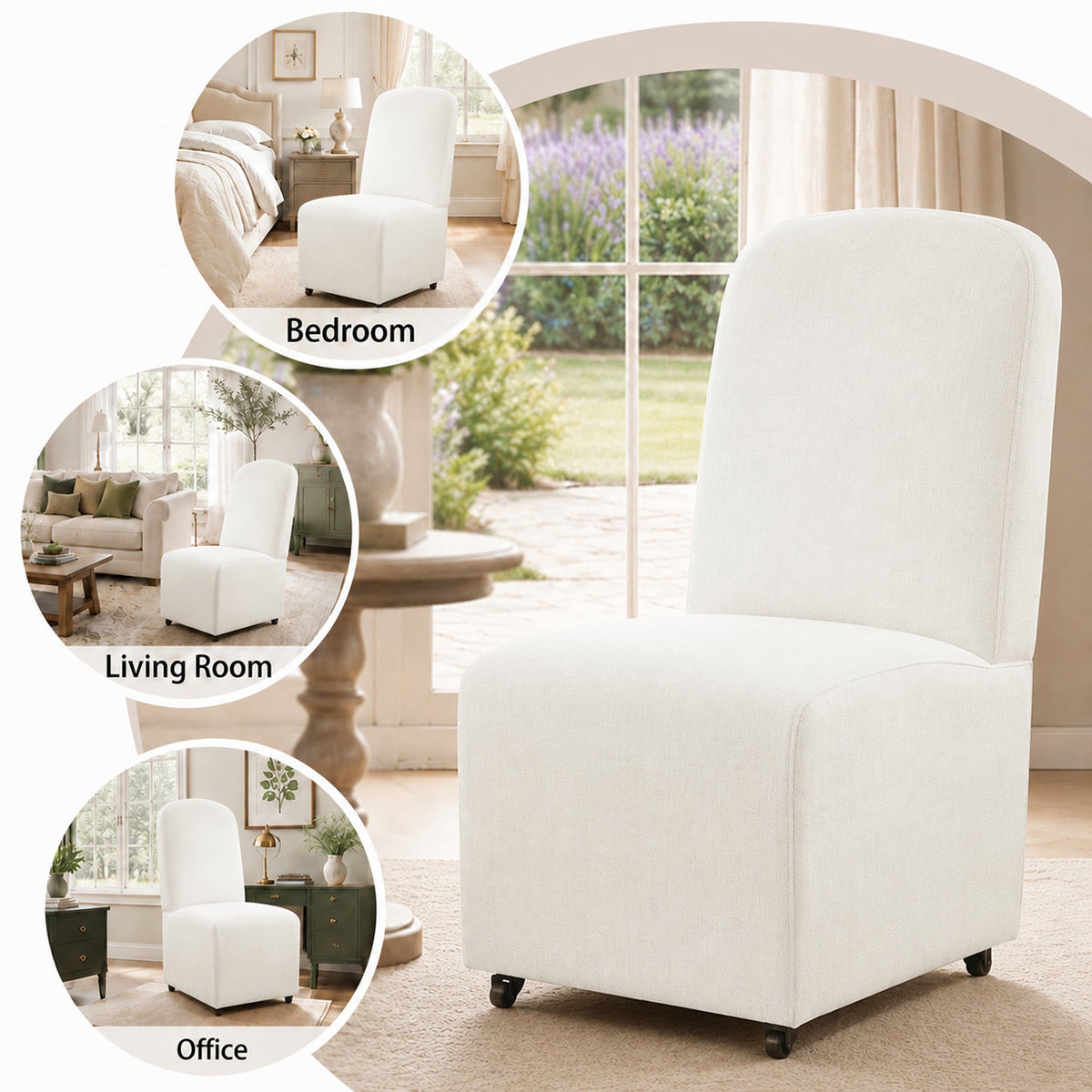 French Farmhouse Upholstered Dining Chair with Rounded Back, Caster Legs & Skirted Design