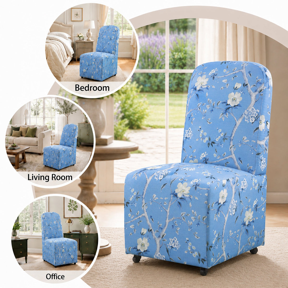 French Farmhouse Upholstered Dining Chair with Rounded Back, Caster Legs & Skirted Design