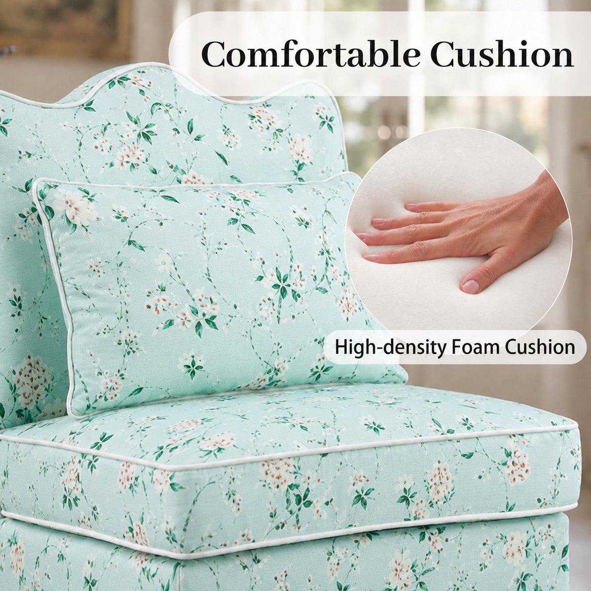 French Farmhouse Accent Chair with Scalloped Back & Upholstered Seat