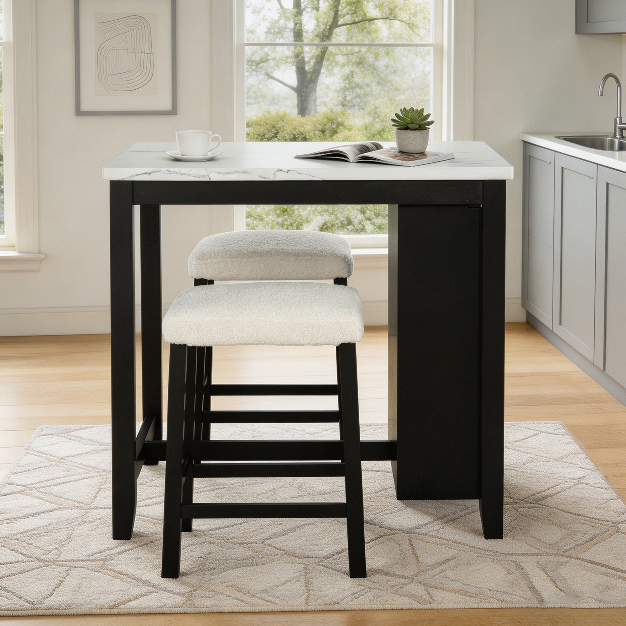 3-Piece Dining Set with USB Charging, Storage Shelves & Boucle Stools, High Gloss Kitchen Table for Small Spaces