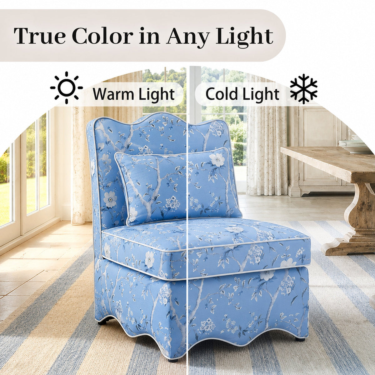 French Farmhouse Accent Chair with Scalloped Back & Upholstered Seat