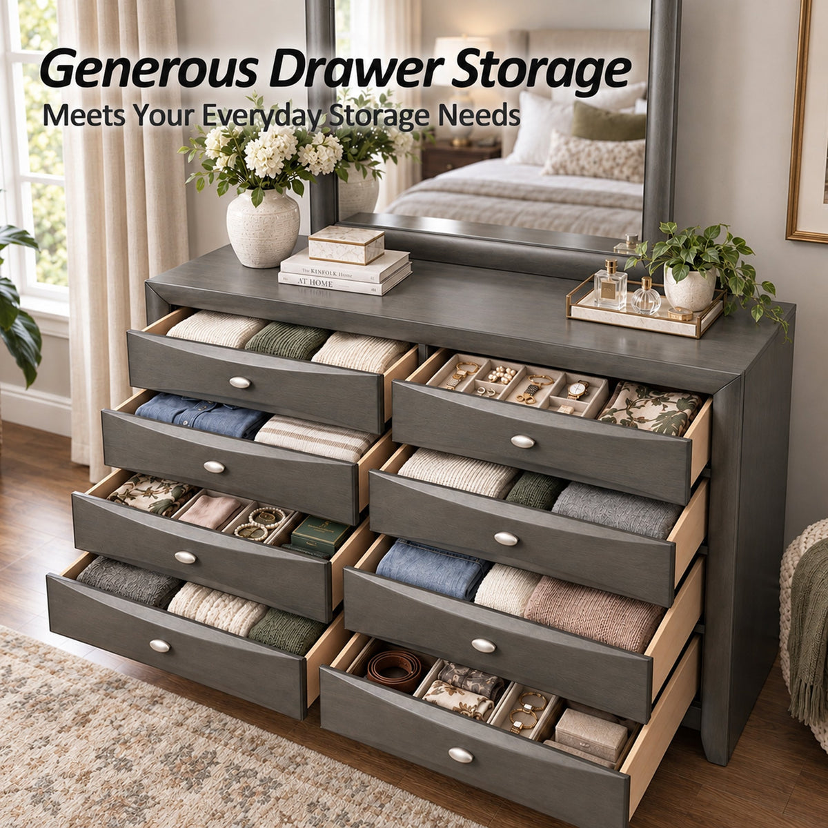 Transitional 8-Drawer Dresser with Solid Wood Construction – Optional Mirror