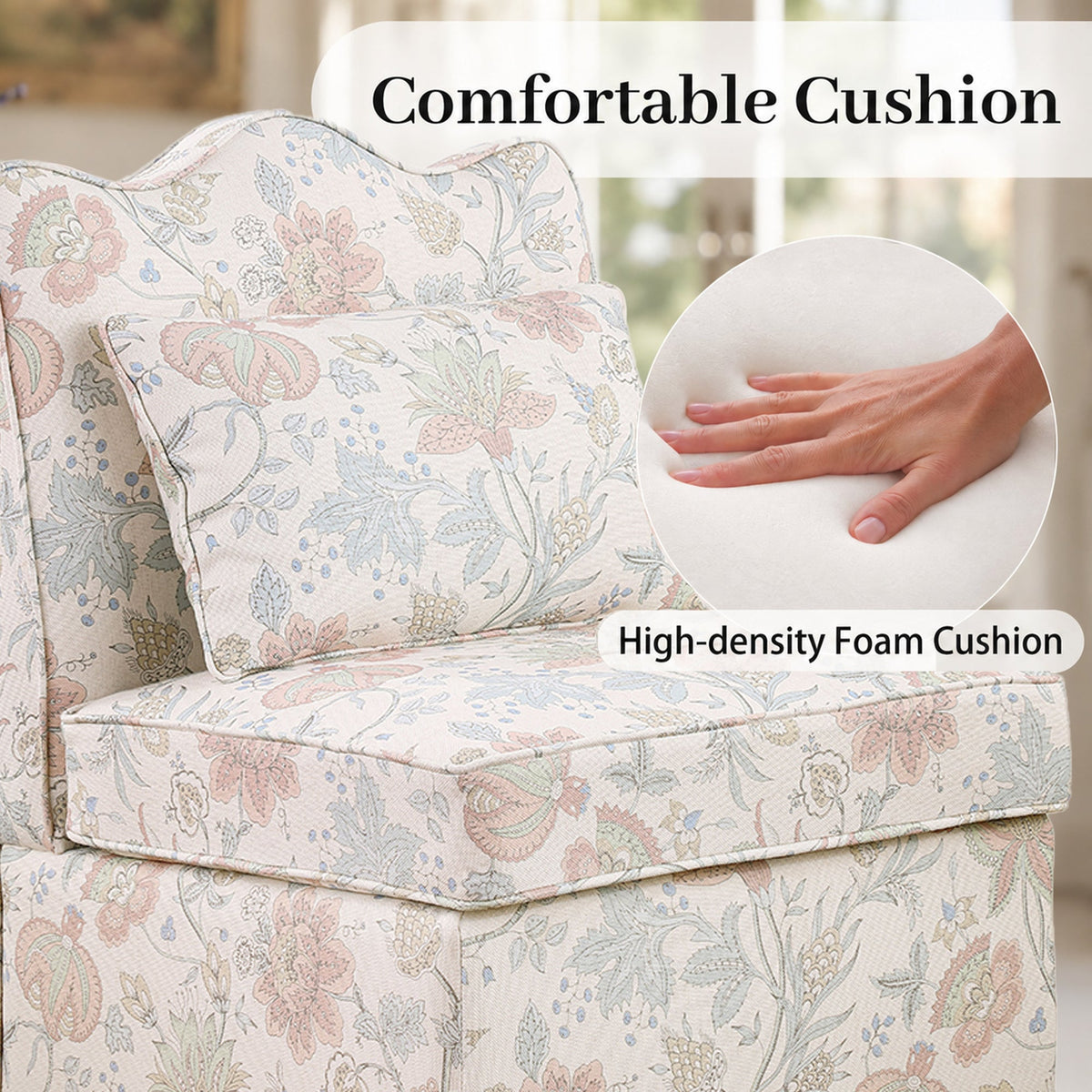 French Farmhouse Accent Chair with Scalloped Back & Upholstered Seat
