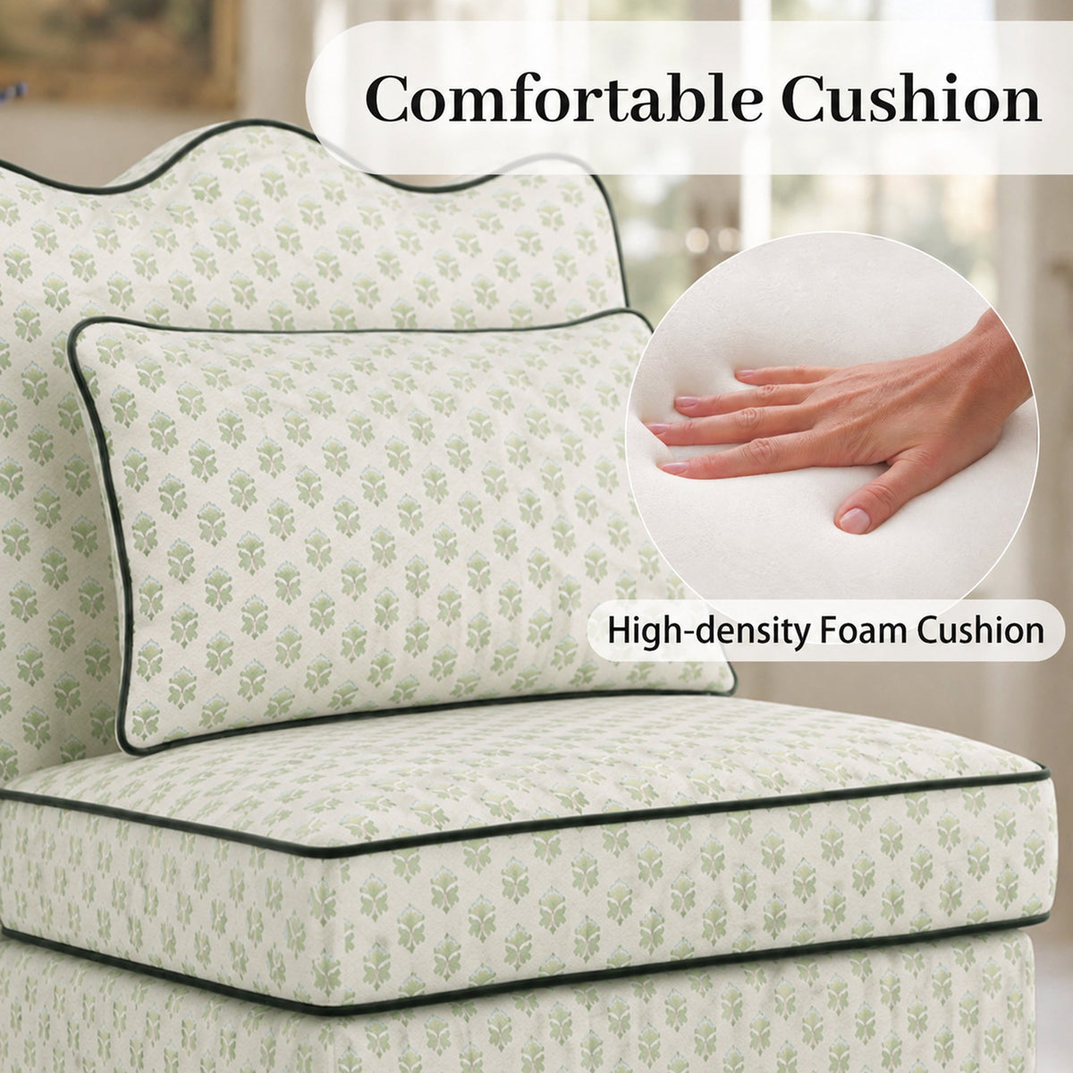 French Farmhouse Accent Chair with Scalloped Back & Upholstered Seat
