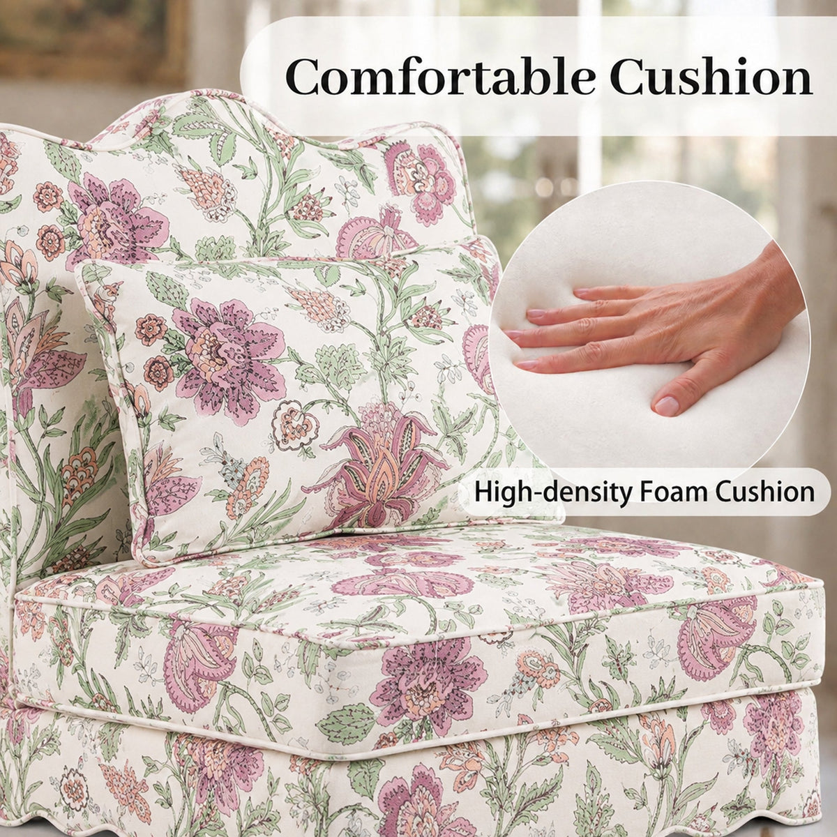 French Farmhouse Accent Chair with Scalloped Back & Upholstered Seat