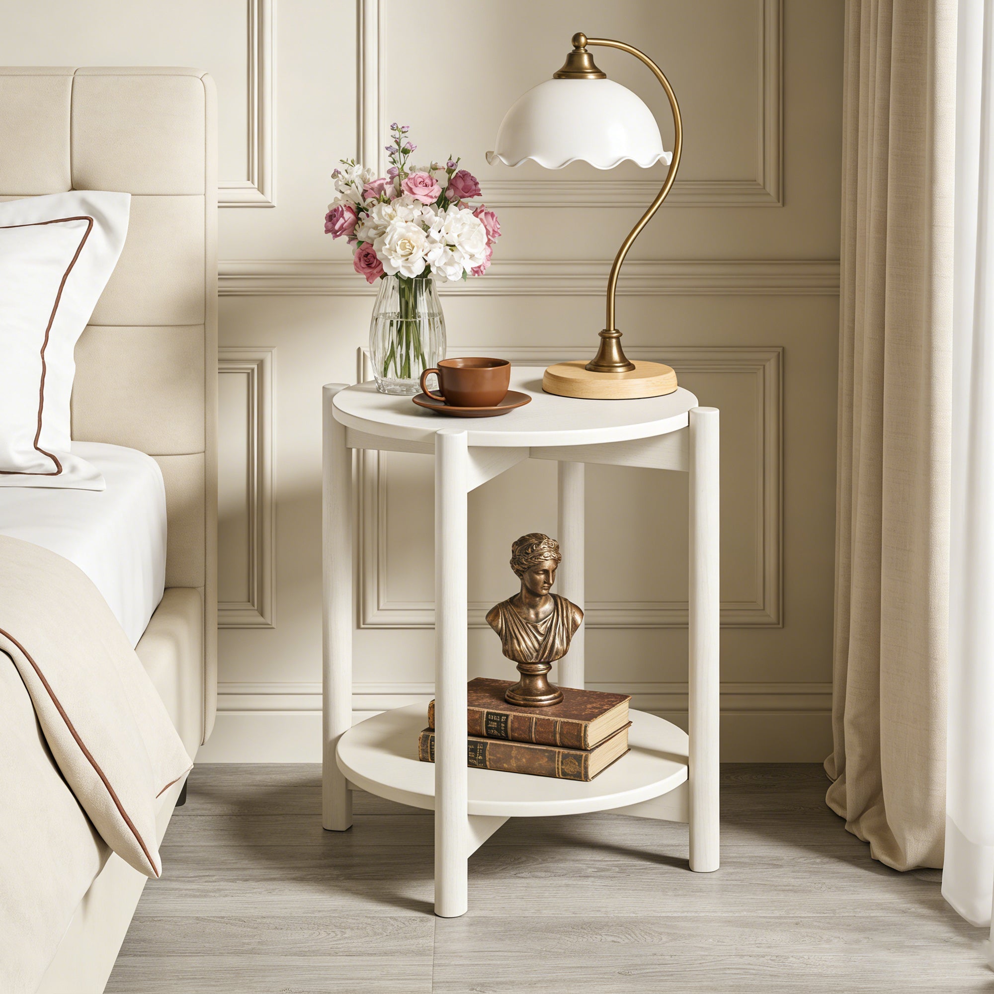 Round End Table with Open Shelf & Metal Legs – Transitional Wood Look Side Table for Living Room & Small Spaces