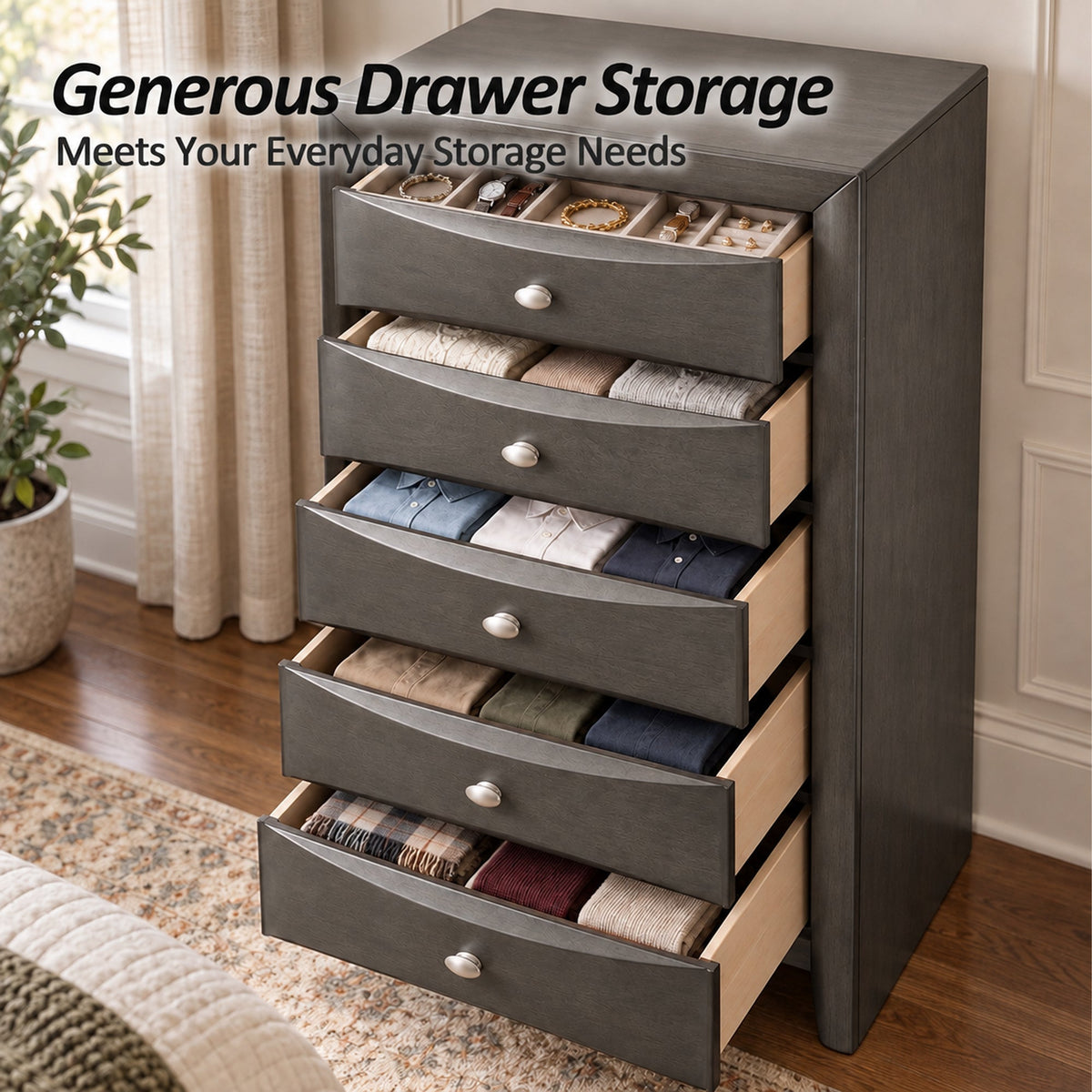 Transitional 5-Drawer Chest with Solid Wood Construction – No Assembly Required