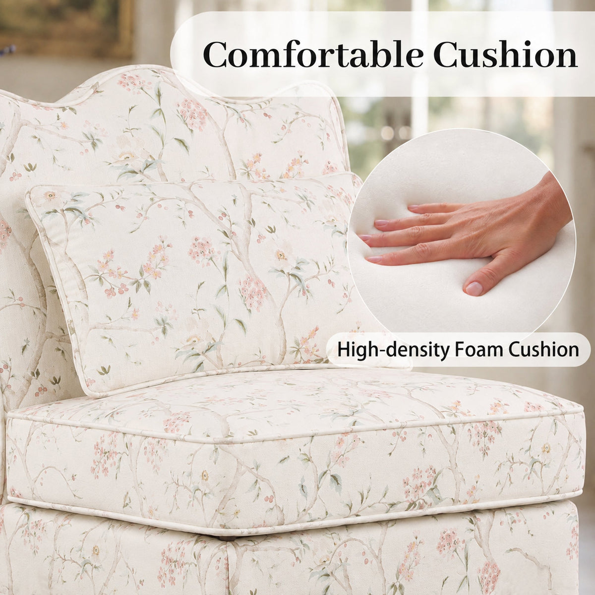 French Farmhouse Accent Chair with Scalloped Back & Upholstered Seat