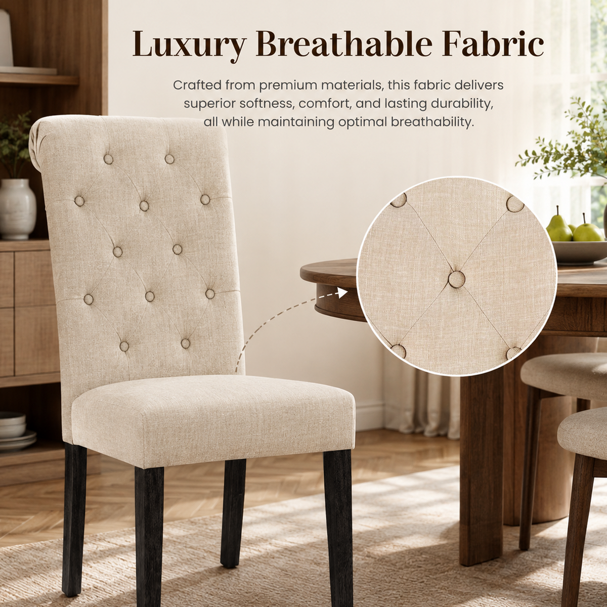 Rustic Upholstered Dining Chair with Button-Tufted Scroll Back
