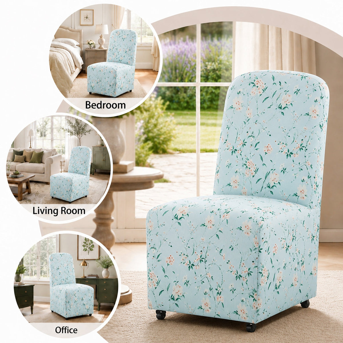 French Farmhouse Upholstered Dining Chair with Rounded Back, Caster Legs & Skirted Design