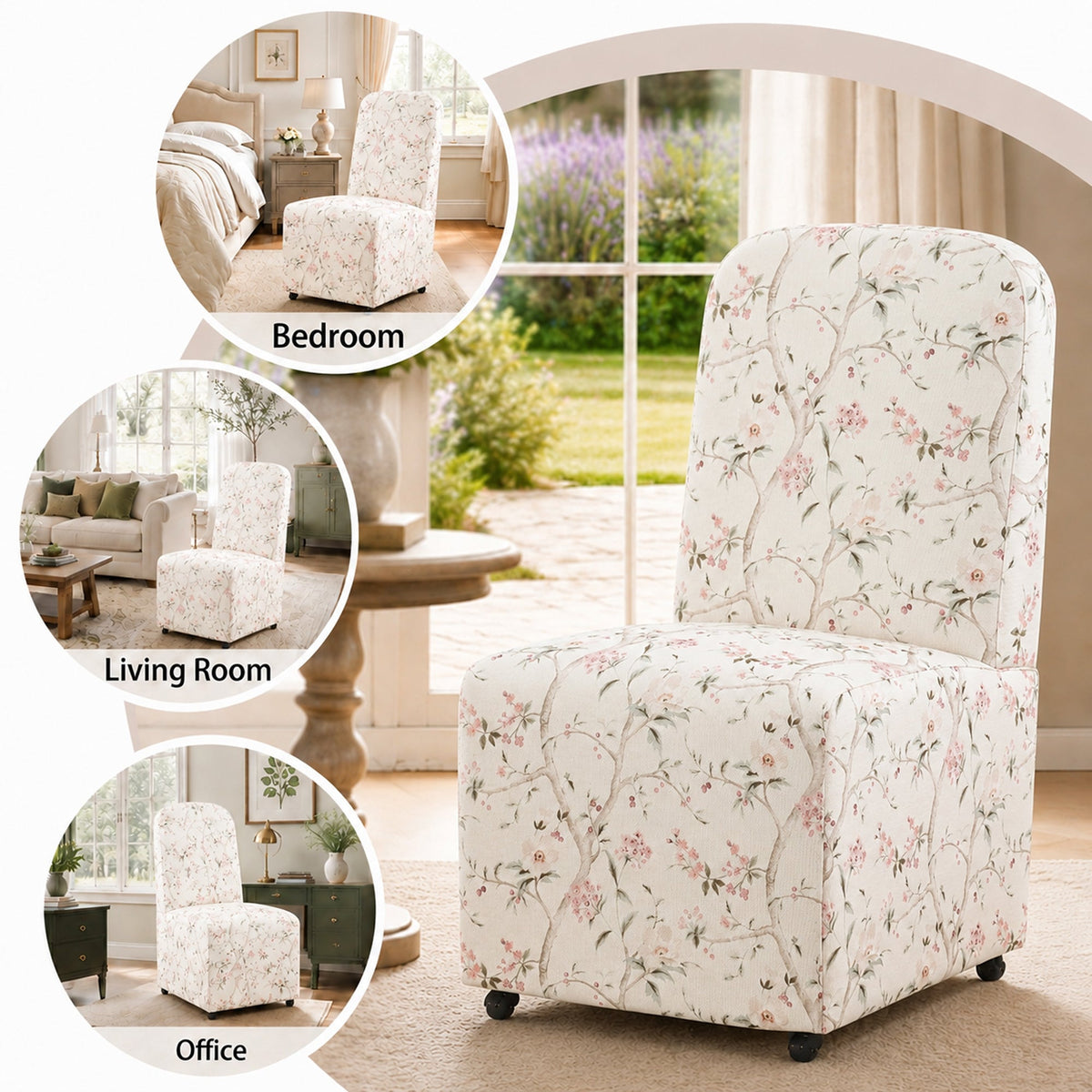 French Farmhouse Upholstered Dining Chair with Rounded Back, Caster Legs & Skirted Design