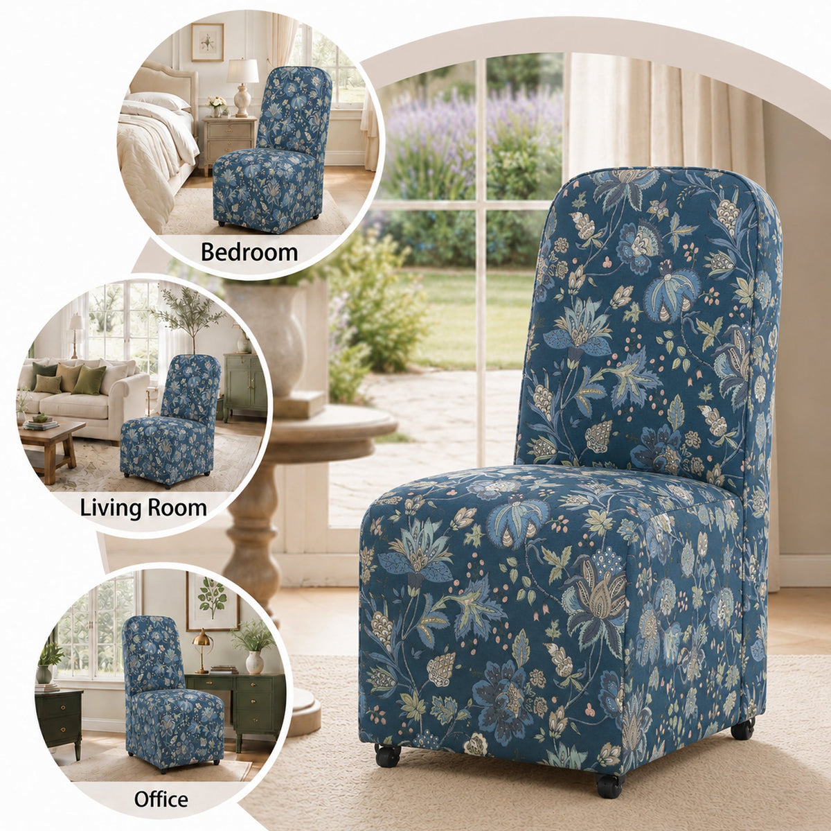 French Farmhouse Upholstered Dining Chair with Rounded Back, Caster Legs & Skirted Design