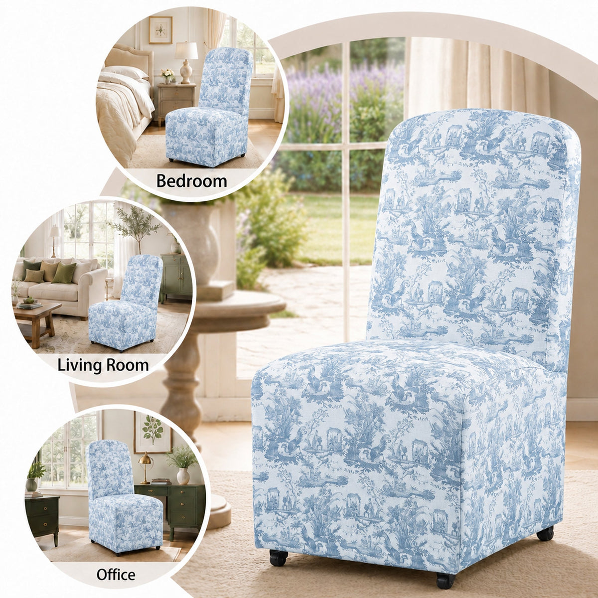 French Farmhouse Upholstered Dining Chair with Rounded Back, Caster Legs & Skirted Design