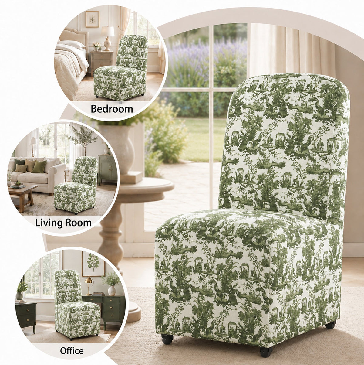 French Farmhouse Upholstered Dining Chair with Rounded Back, Caster Legs & Skirted Design
