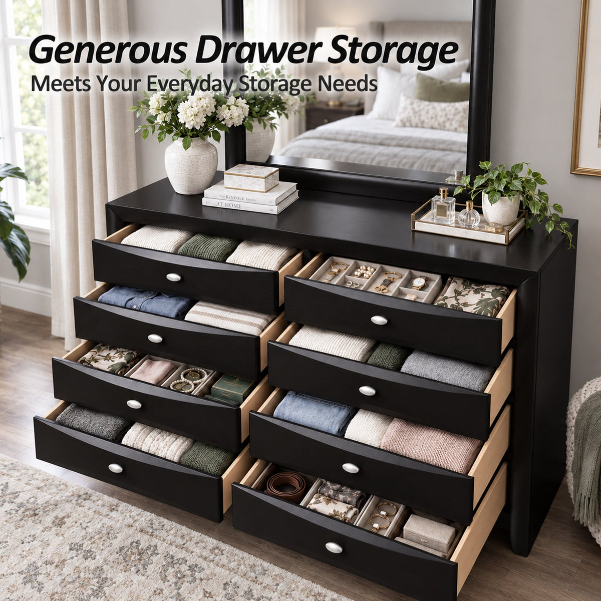 Transitional 8-Drawer Dresser with Solid Wood Construction – Optional Mirror
