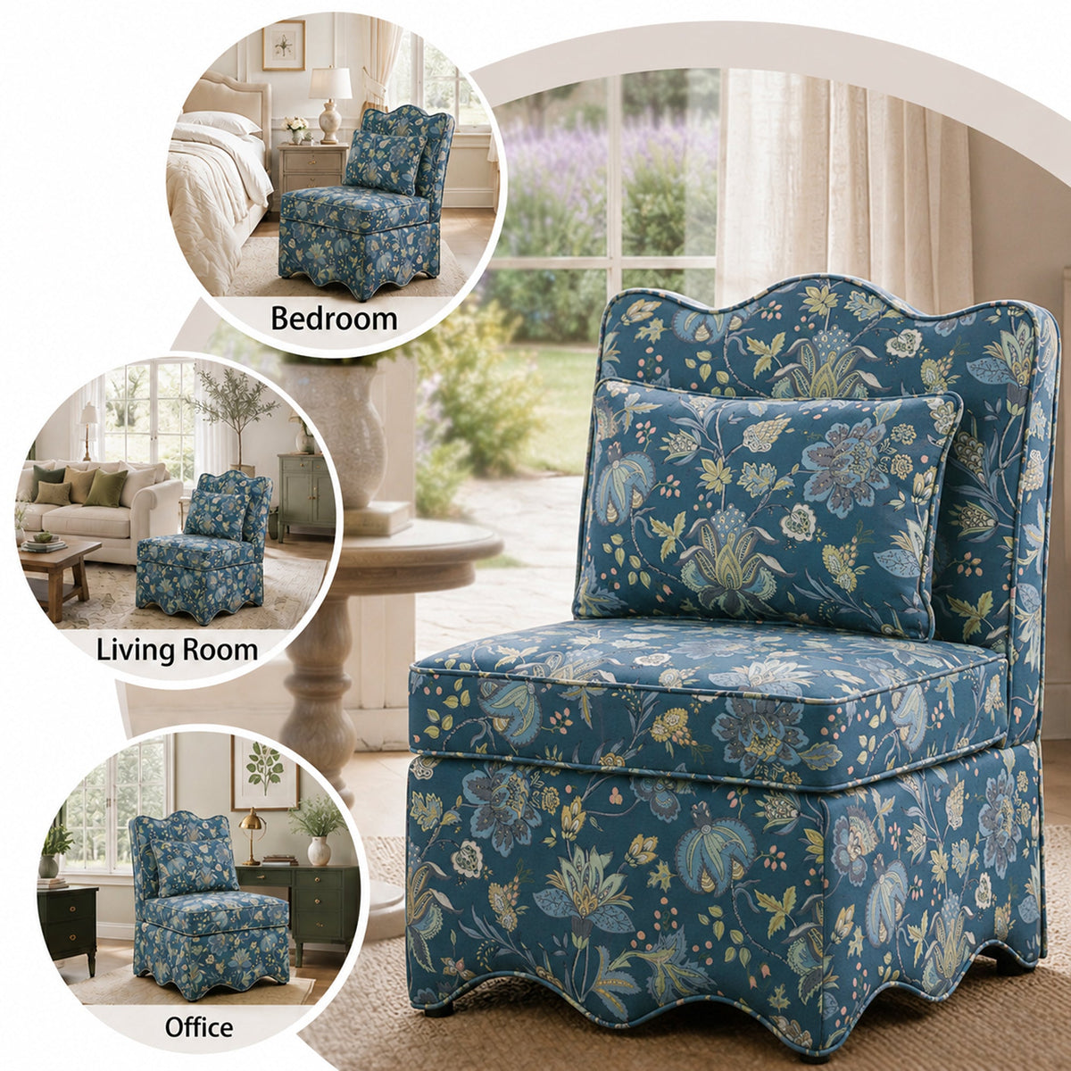 French Farmhouse Accent Chair with Scalloped Back & Upholstered Seat